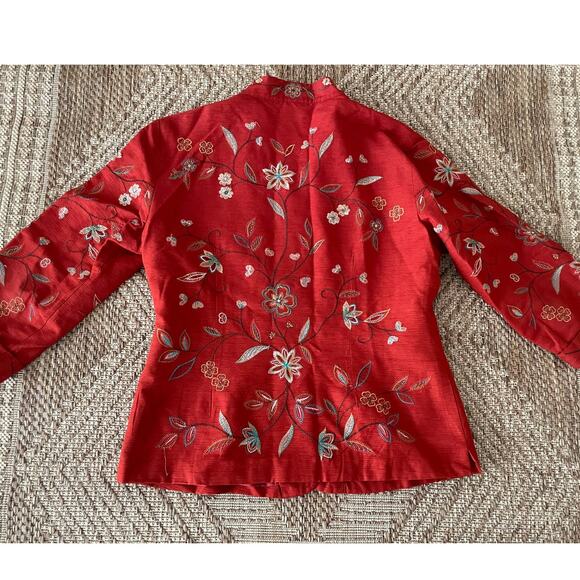 Silk Land Red Floral Embroidered 100% Silk Jacket Blazer 3/4 sleeve SZ Large - Picture 5 of 8